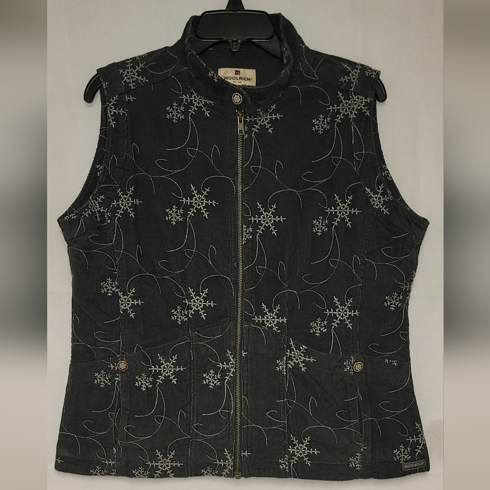 Woolrich‎ Embroidered Snowflake Gray Corduroy Zip Up Vest Size Womens Medium